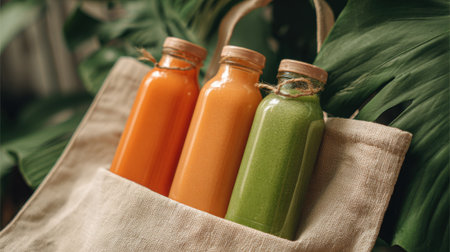Three glass bottles filled with vibrant juices sit in a natural canvas bag. The bottles display orange yellow and green juices surrounded by lush greenery.の素材