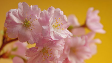 Delicate pink cherry blossoms are in full bloom against a gentle yellow backdrop capturing the essence of springtime in a serene garden setting.の素材