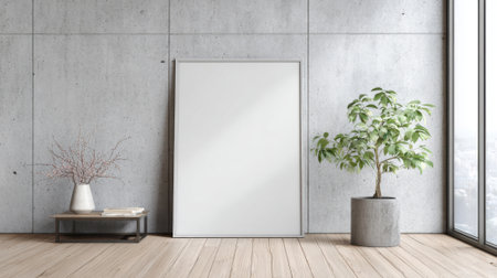 A stylish room showcases a large empty frame against a concrete wall complemented by a potted plant and a sleek coffee table offering a serene and modern atmosphere.の素材
