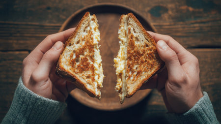Warm grilled cheese sandwich is being pulled apart showing melted cheese inside. The background features a rustic wooden table creating a cozy atmosphere for enjoying this classic comfort food.の素材