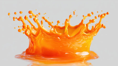 An energetic burst of orange liquid splashes upward forming a crown shape. The vibrant color contrasts against the light surface creating an eye-catching visual effect.の素材