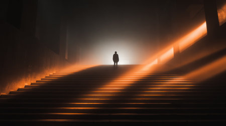 A person stands at the top of stairs silhouetted against a soft light source. The warm glow creates striking shadows enhancing the mysterious atmosphere of the dimly lit scene.の素材