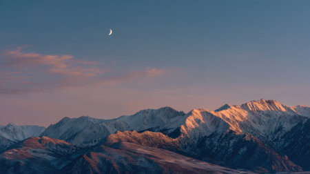 Mountains covered in snow reflect warm colors of sunset while a crescent moon hangs in the clear sky creating a serene evening atmosphere in nature.の素材