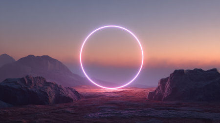 A glowing circular portal appears in the foreground surrounded by rocky terrain under a colorful sunset sky with soft hues of purple and orange illuminating the mountains.の素材