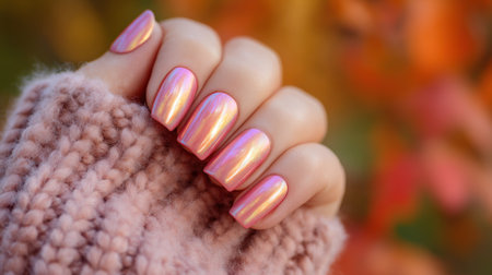 A close-up of perfectly manicured hands showing shiny pink nails. The hands are set against a vibrant autumn landscape featuring colorful leaves in shades of orange and red.の素材