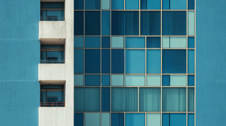 A striking building features a blue exterior with numerous glass windows. The sunlight reflects off the glass creating a vibrant urban scene. This structure showcases contemporary architecture.の素材