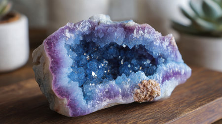 This exquisite geode displays deep blue crystals nestled within surrounded by purple edges set on a wooden surface.の素材