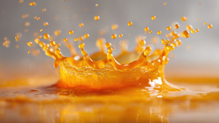 A vibrant burst of orange liquid creates a splash effect as it hits a surface sending droplets flying in a captivating pattern. The scene captures motion and color at its peak.の素材