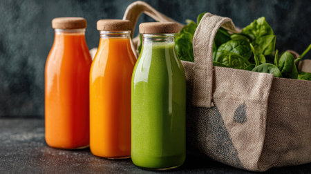 Brightly colored juices are arranged in glass bottles showing vibrant orange yellow and green hues. A basket filled with fresh spinach complements the scene highlighting healthy choices.の素材