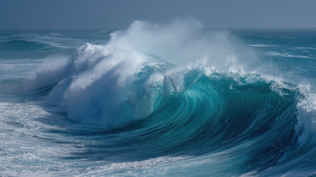 Powerful ocean waves rise and crash dramatically creating white foam against a brilliant turquoise sea. The scene captures the energy and beauty of nature on a sunny day.の素材