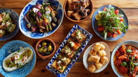 Various Mediterranean dishes are arranged on a rustic wooden table. Plates include vibrant salads grilled vegetables and savory pastries creating a feast ideal for a social gathering.の素材