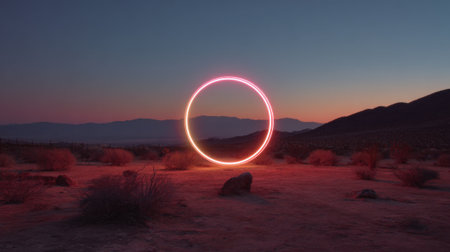A glowing light ring illuminates the desert landscape during sunset. Mountains create a dark silhouette against the colorful sky enhancing the serene atmosphere around the ring.の素材