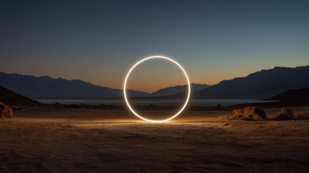 A glowing circle of light stands in the desert as twilight sets in casting shadows on the sandy ground and revealing the majestic mountains. The scene captures natures beauty at dusk.の素材