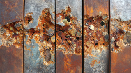 Close-up view of rusty metal panels reveals intricate patterns of corrosion and oxidized areas under natural light. This urban backdrop highlights aging and decay.の素材