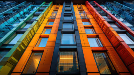 The buildings facade displays a vibrant array of colors including green blue orange and red. Bright sunlight enhances the striking appearance showing a contemporary design.の素材