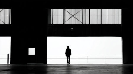 A person is seen walking alone in a vast industrial area with tall windows. The bright light filters in creating dramatic shadows against the walls.の素材