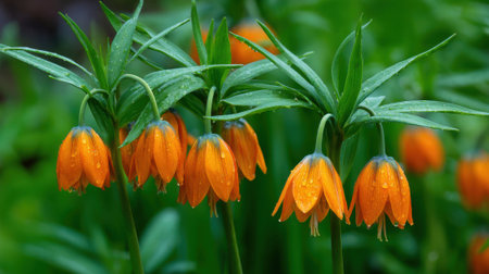 These vibrant orange flowers stand tall in a lush garden adorned with drops of dew. The morning light highlights their beauty creating a captivating scene full of life.の素材