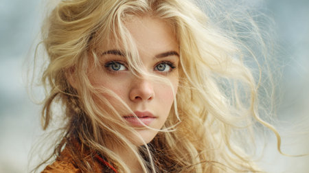 A young woman stands outside her long blonde hair blowing in the wind. She looks thoughtfully at the camera surrounded by a soft natural backdrop.の素材