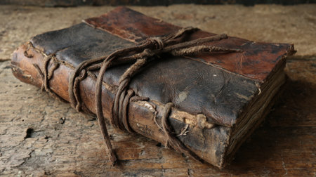 An antique leather bound book lies on a rustic wooden surface tied with a rope. The aged cover and detailed craftsmanship highlight its historical significance inviting curiosity.の素材