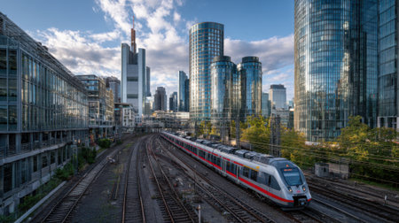 A high-speed train glides along tracks in Frankfurt as the sun sets. Towering glass skyscrapers reflect warm light in a bustling urban landscape filled with energy.の素材