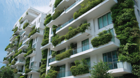 A contemporary apartment building features lush vertical gardens on its balconies showcasing a blend of nature and architecture against a bright blue sky during the day.の素材