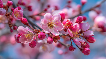 Cherry blossom branches are adorned with clusters of delicate pink flowers and buds embodying the beauty of spring against a bright blue sky.の素材