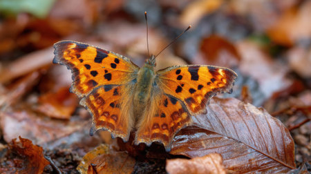 A vibrant orange butterfly with black spots is perched on a bed of colorful fallen leaves in a peaceful forest during the autumn season. The scene captures natures beauty.の素材