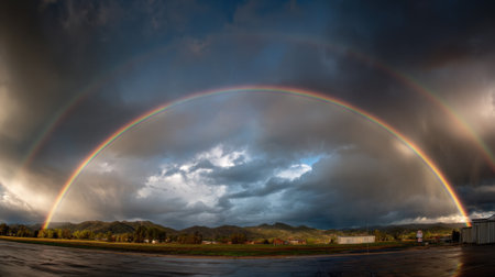 A vibrant double rainbow spans across the sky after a summer storm. Dark clouds linger while the sun sets over green mountains in the background creating a stunning landscape.の素材