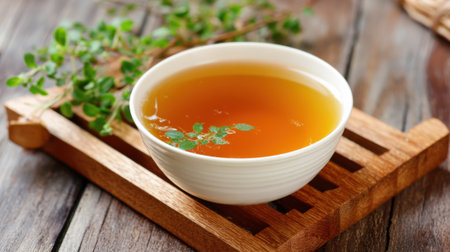 A bowl of warm herbal tea sits on a wooden tray surrounded by fresh herbs. The setting is rustic with a cozy inviting atmosphere perfect for relaxation or a tea break.の素材