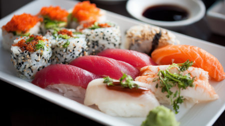 A colorful sushi platter displays a variety of sushi rolls and sashimi. Brightly colored fish accompanies wasabi and soy sauce showcasing a delicious meal prepared with care.の素材