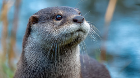 An otter looks up while investigating its surroundings near a body of water. The animal is attentive showcasing its whiskers and glistening fur under natural light.の素材