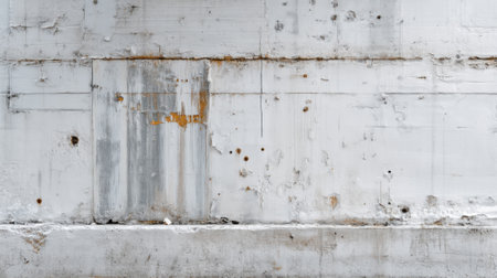 A weathered concrete wall displays various textures and rust stains. This wall found in an urban area captures the character of age and decay in bright daylight.の素材
