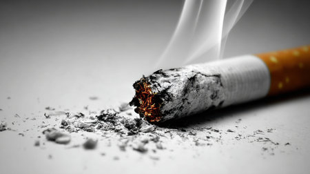 A burnt cigarette with glowing embers sits on a flat surface. Ashes are scattered around and wisps of smoke rise into the air creating a hazy atmosphere.の素材