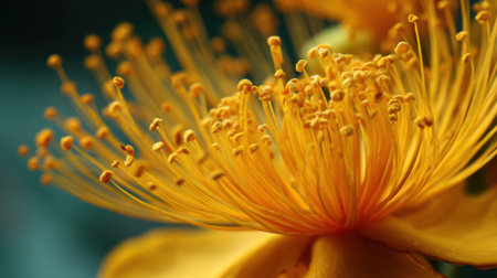 Delicate yellow flower blooms in the sunlight revealing its intricate stamen and petals. In the background soft greens create a natural atmosphere.の素材