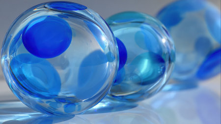 Three transparent glass spheres featuring blue polka dots create a vibrant display on a reflective surface showing their elegant design and playful colors.の素材