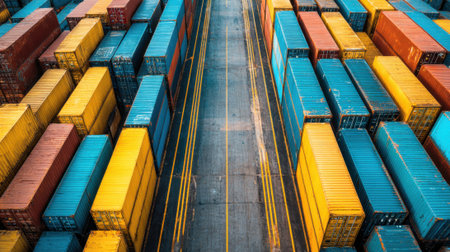 Shipping containers are neatly arranged in vibrant colors at a busy port. A wide pathway runs through the containers showcasing an organized layout. The scene captures the essence of logistics.の素材