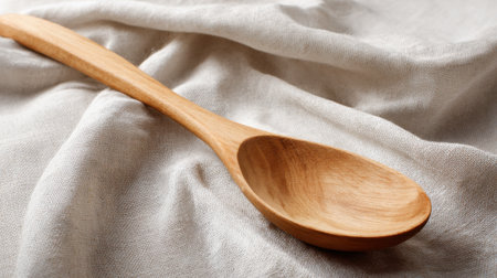 A finely crafted wooden spoon lies on soft draped fabric highlighting its smooth texture and organic design. The setting is calm and warm perfect for culinary activities.の素材