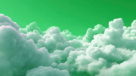 Fluffy green clouds float gently in a bright dreamy sky creating a peaceful atmosphere.の素材