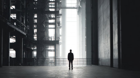 A person stands in the center of a vast industrial space surrounded by tall walls and metal structures. Bright light streams through high windows creating a striking contrast.の素材