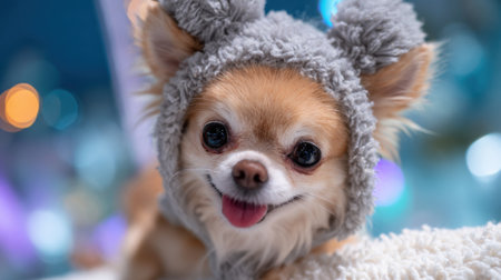 A small chihuahua wearing a fluffy gray outfit with ear accents sits on a soft blanket. Colorful lights create a cheerful atmosphere around the dog. It looks playful and happy.の素材