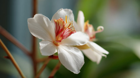 Soft white petals with striking red markings open up in a lush indoor setting showing vibrant colors and delicate features under natural light.の素材