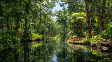 A lush green jungle with a river running through it. The water is calm and clear, reflecting the trees and sky above. The scene is peaceful and serene, with the sounds of nature filling the airの素材