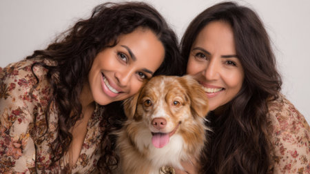 Two women with curly hair are smiling joyfully while holding a happy dog between them. They are dressed in floral outfits and surrounded by a soft inviting background.の素材