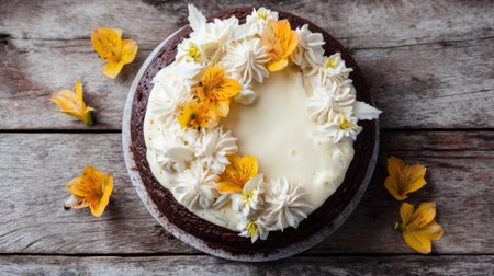A rich chocolate cake sits on a rustic wooden table adorned with fluffy buttercream frosting and bright yellow flowers creating a beautiful and inviting dessert display.の素材