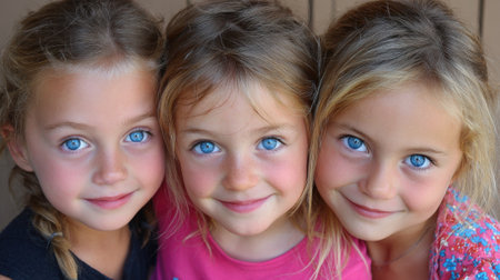 Three girls with beautiful blue eyes share a happy moment smiling closely together. They embody joy and friendship against a warm and inviting background.の素材