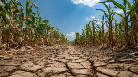 A view of a cornfield affected by drought reveals dry cracked soil between rows of corn. The bright blue sky with few clouds shows a hot summer day highlighting the lack of moisture.の素材