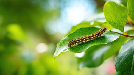 A colorful caterpillar crawls on lush green leaves under a bright blue sky enjoying natures beauty.の素材