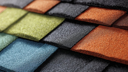 Close-up view of roof shingles in various colors including green blue orange and black highlighting the texture and detail of the materials used in building.の素材