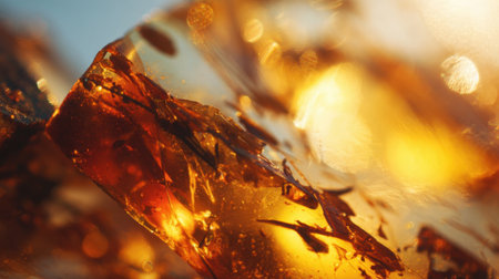 This stunning amber stone features unique inclusions and a warm golden color. It is beautifully illuminated by sunlight, showing its rich texture and detail.の素材