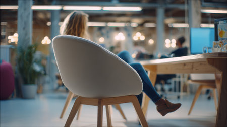 A person sits comfortably in a stylish chair at a wooden desk in a vibrant office. Natural light illuminates the space creating a productive atmosphere for work and collaboration.の素材